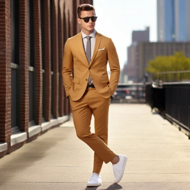 Low-top sneakers + suit + stylish‍ watch