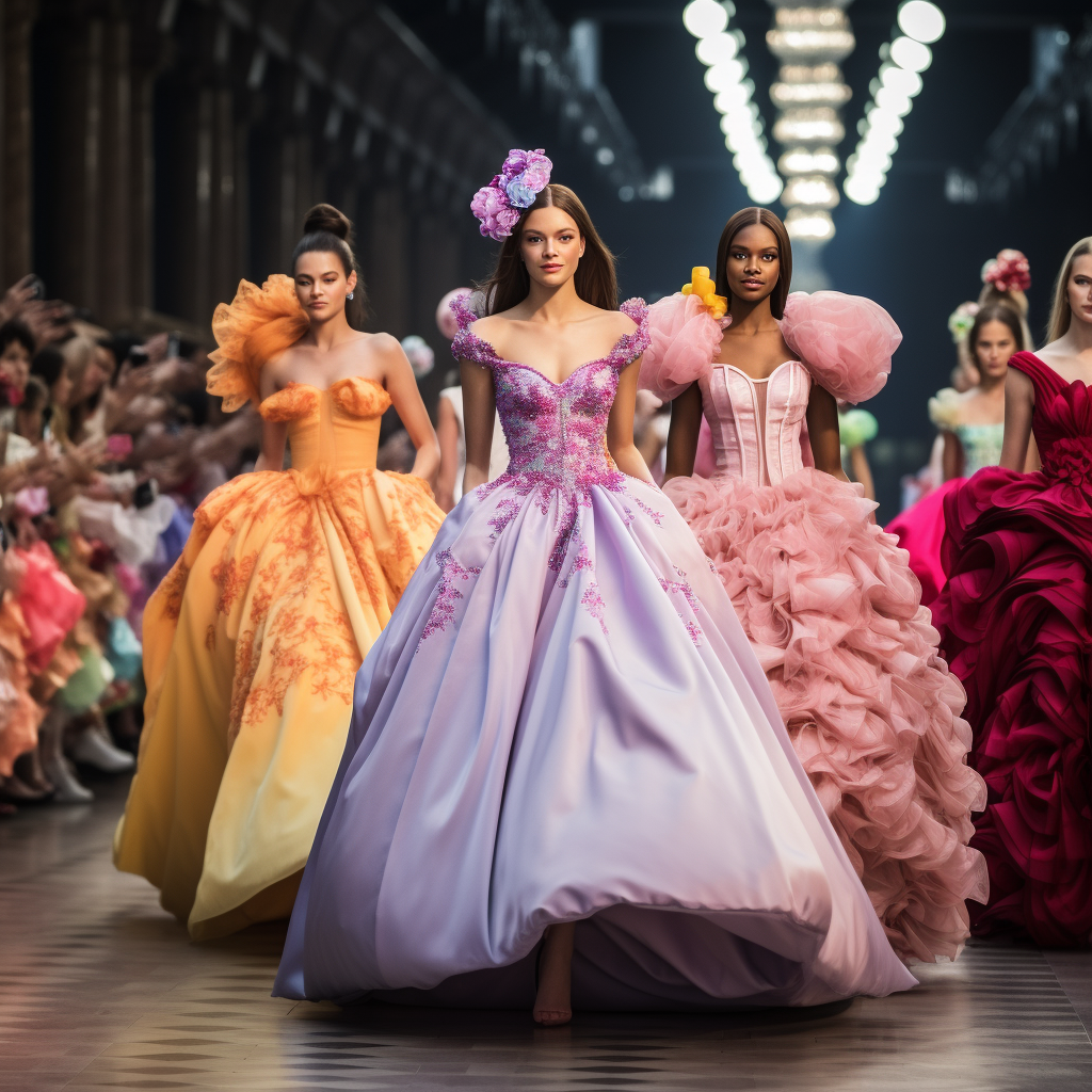 Models showcasing the sneaker-ball dress trend on a fashion-forward runway.